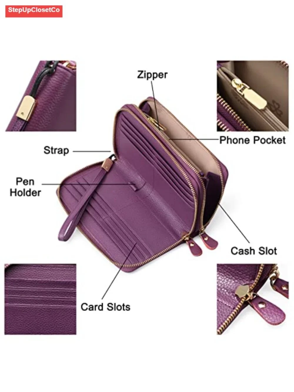 Vegan Leather RFID Blocking Wallet Wristlet Large Capacity Zipper Around Phone